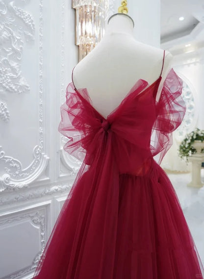 Burgundy Tulle A-Line Plunging V-Neck Tie Back Floor-Length Dress Back View - Aabei Dress