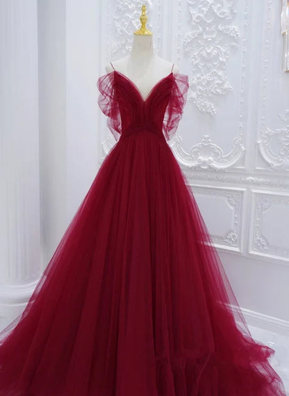 Burgundy Tulle A-Line Plunging V-Neck Tie Back Floor-Length Dress Front View - Aabei Dress