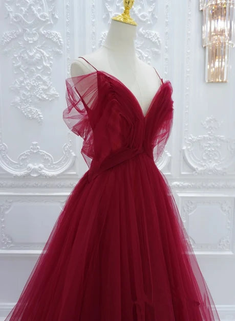 Burgundy Tulle A-Line Plunging V-Neck Tie Back Floor-Length Dress - Aabei Dress