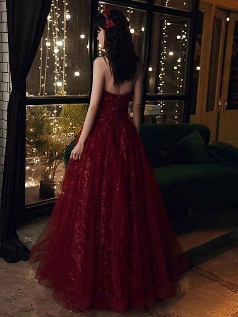 Burgundy Tulle A-Line Strapless Lace-Up Back Floor-Length Dress Back View - Aabei Dress