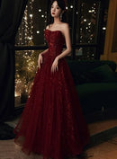 Burgundy Tulle A-Line Strapless Lace-Up Back Floor-Length Dress Front View - Aabei Dress