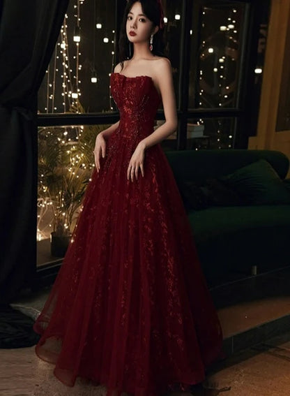 Burgundy Tulle A-Line Strapless Lace-Up Back Floor-Length Dress Front View - Aabei Dress