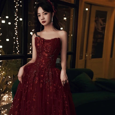 Burgundy Tulle A-Line Strapless Lace-Up Back Floor-Length Dress - Aabei Dress