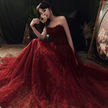Burgundy Tulle A-Line Strapless Lace-Up Back Floor-Length Dress - Aabei Dress