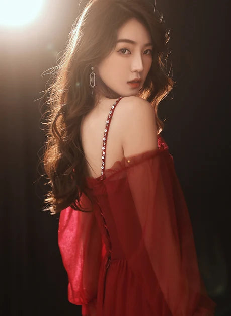 Burgundy Tulle A-Line Sweetheart Lace Up Back Floor-Length Dress Back View - Aabei Dress