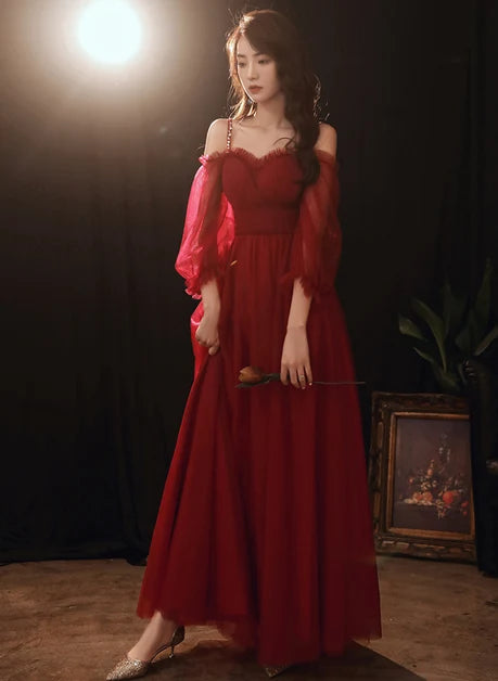 Burgundy Tulle A-Line Sweetheart Lace Up Back Floor-Length Dress Front View - Aabei Dress
