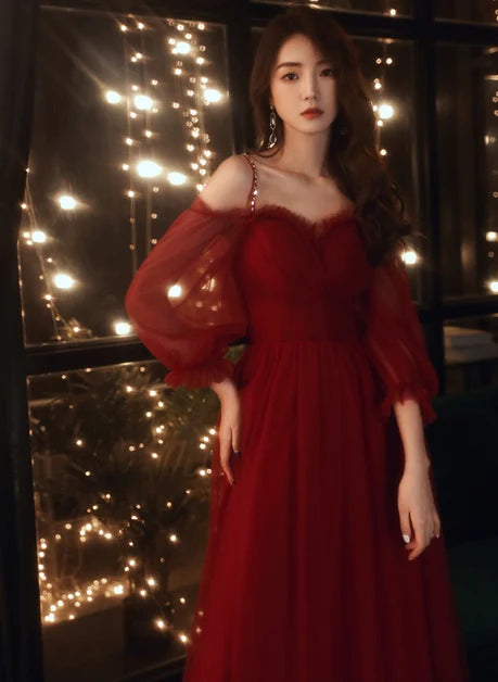Burgundy Tulle A-Line Sweetheart Lace Up Back Floor-Length Dress - Aabei Dress