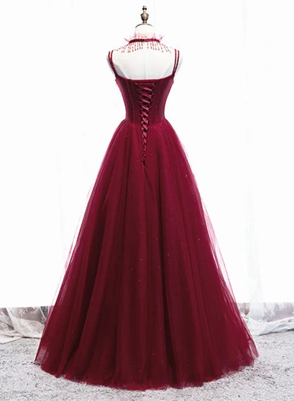 Burgundy Tulle A-Line Sweetheart Lace-up Floor-Length Dress Back View - Aabei Dress