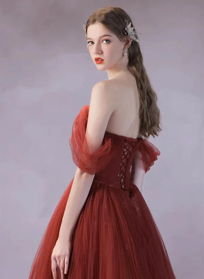 Burgundy Tulle A-Line Sweetheart Lace-up Floor-Length Dress Back View - Aabei Dress