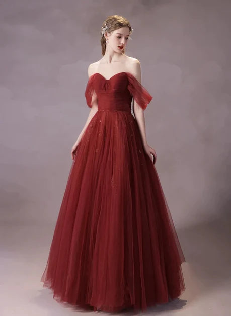 Burgundy Tulle A-Line Sweetheart Lace-up Floor-Length Dress Front View - Aabei Dress