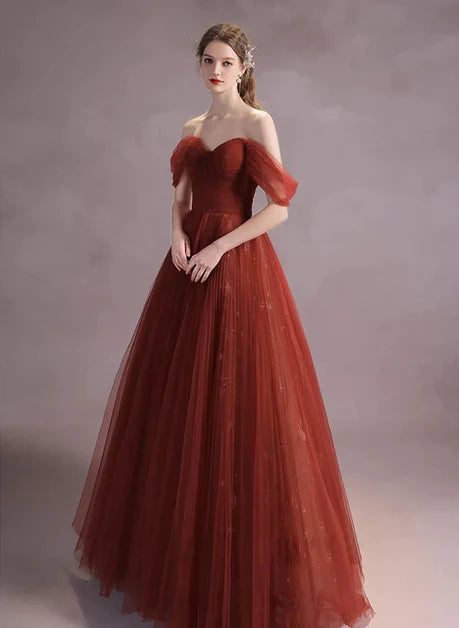 Burgundy Tulle A-Line Sweetheart Lace-up Floor-Length Dress - Aabei Dress