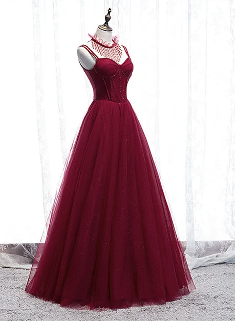 Burgundy Tulle A-Line Sweetheart Lace-up Floor-Length Dress - Aabei Dress