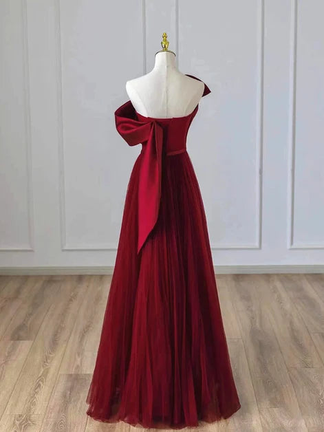 Burgundy Tulle and Satin A-Line One Shoulder Floor-Length Dress Back View - Aabei Dress