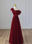 Burgundy Tulle and Satin A-Line One Shoulder Floor-Length Dress Front View - Aabei Dress