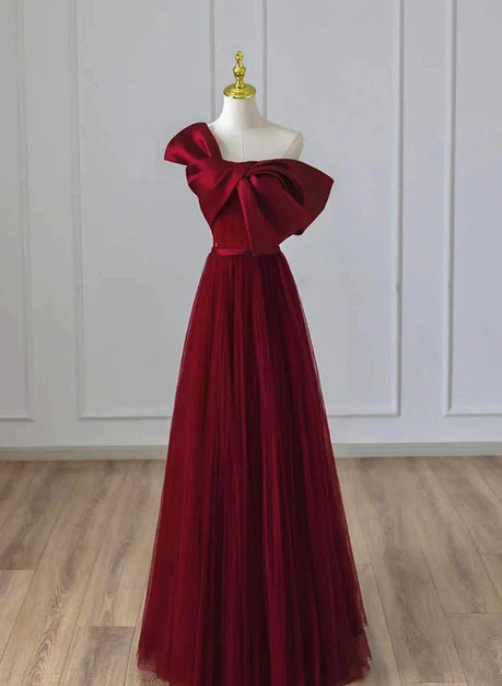 Burgundy Tulle and Satin A-Line One Shoulder Floor-Length Dress Front View - Aabei Dress