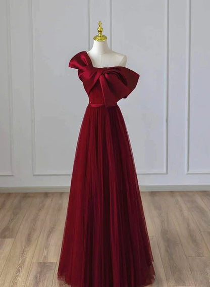 Burgundy Tulle and Satin A-Line One Shoulder Floor-Length Dress Front View - Aabei Dress