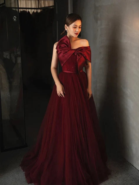 Burgundy Tulle and Satin A-Line One Shoulder Floor-Length Dress - Aabei Dress