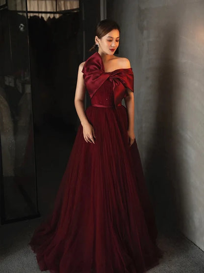 Burgundy Tulle and Satin A-Line One Shoulder Floor-Length Dress - Aabei Dress