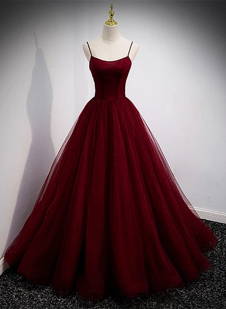 Burgundy Tulle Ball Gown Scoop Neck Zipper Back Floor-Length Dress Front View - Aabei Dress