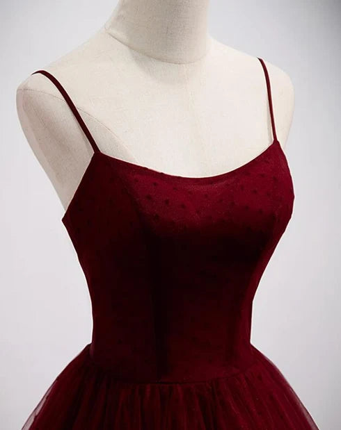 Burgundy Tulle Ball Gown Scoop Neck Zipper Back Floor-Length Dress - Aabei Dress