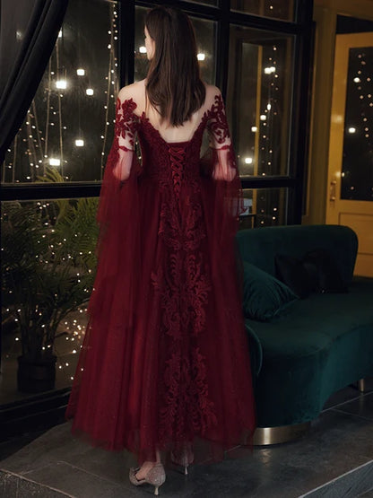 Burgundy Tulle Lace A-Line Illusion Neck Lace-Up Back Ankle-Length Dress Back View - Aabei Dress