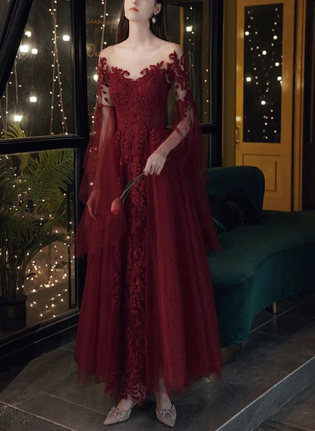 Burgundy Tulle Lace A-Line Illusion Neck Lace-Up Back Ankle-Length Dress Front View - Aabei Dress