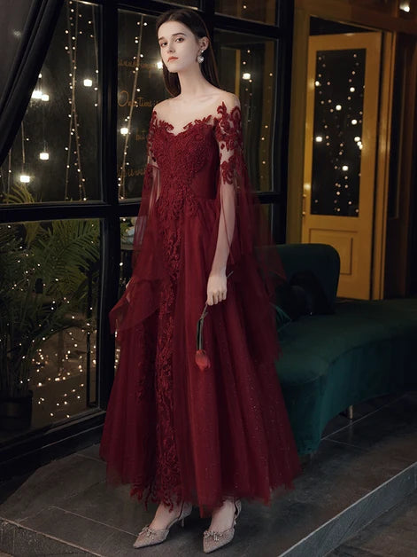Burgundy Tulle Lace A-Line Illusion Neck Lace-Up Back Ankle-Length Dress - Aabei Dress