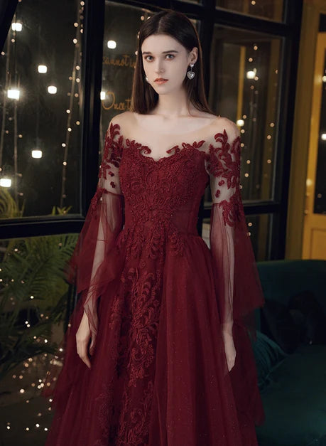 Burgundy Tulle Lace A-Line Illusion Neck Lace-Up Back Ankle-Length Dress - Aabei Dress