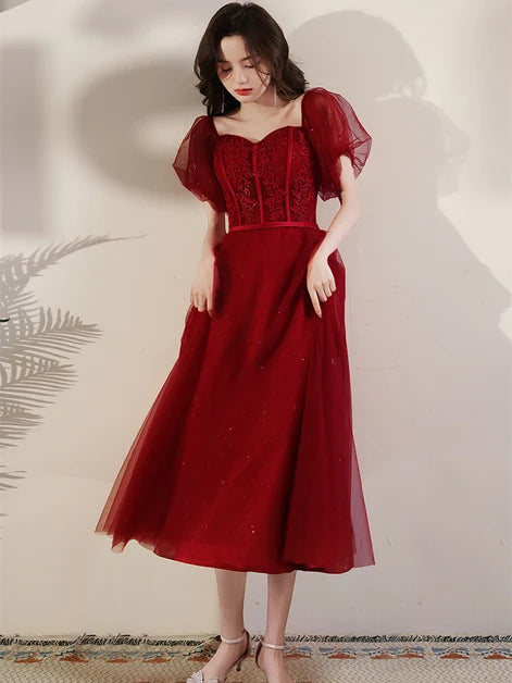 Burgundy Tulle & Lace A-Line Sweetheart Zipper Back Tea-Length Dress - Aabei Dress