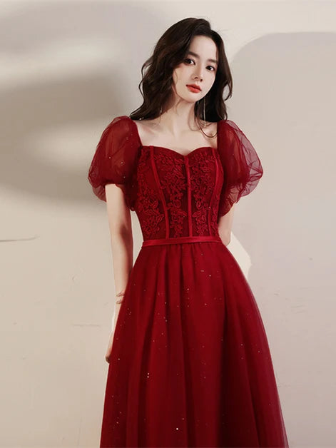Burgundy Tulle & Lace A-Line Sweetheart Zipper Back Tea-Length Dress - Aabei Dress