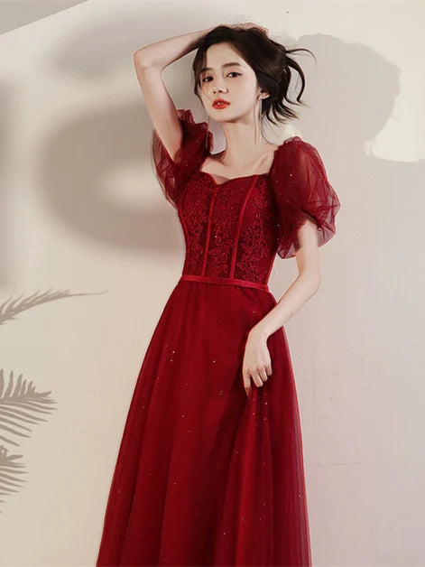 Burgundy Tulle & Lace A-Line Sweetheart Zipper Back Tea-Length Dress - Aabei Dress
