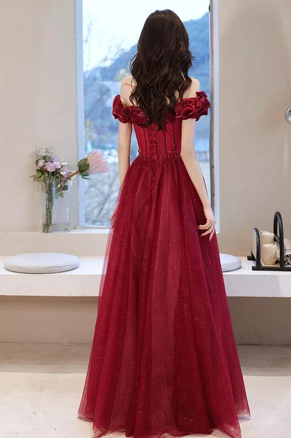 Burgundy Tulle & Velvet A-Line Off-the-Shoulder Lace-up Floor-Length Dress Back View - Aabei Dress