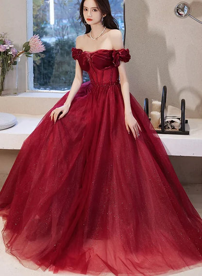 Burgundy Tulle & Velvet A-Line Off-the-Shoulder Lace-up Floor-Length Dress - Aabei Dress