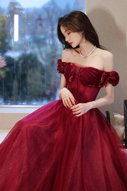 Burgundy Tulle & Velvet A-Line Off-the-Shoulder Lace-up Floor-Length Dress - Aabei Dress