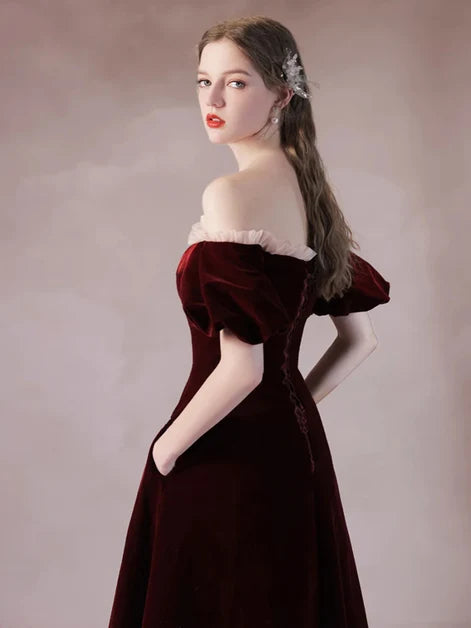 Burgundy Velvet A-Line Off-the-Shoulder Lace-up Ankle-Length Dress Back View - Aabei Dress