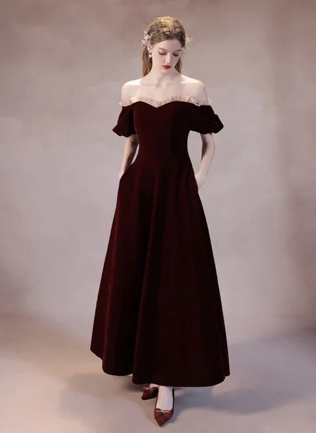 Burgundy Velvet A-Line Off-the-Shoulder Lace-up Ankle-Length Dress Front View - Aabei Dress