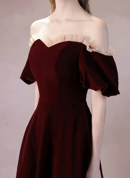 Burgundy Velvet A-Line Off-the-Shoulder Lace-up Ankle-Length Dress - Aabei Dress