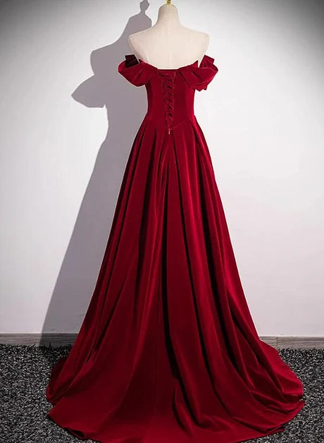 Burgundy Velvet A-Line Off-the-Shoulder Lace-Up Back Floor-Length Dress Back View - Aabei Dress