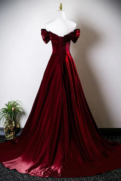 Burgundy Velvet A-Line Off-the-Shoulder Lace-Up Back Floor-Length Dress Back View - Aabei Dress