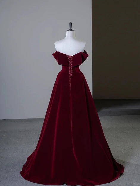 Burgundy Velvet A-Line Off-The-Shoulder Lace-Up Back Floor-Length Dress Back View - Aabei Dress