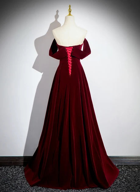 Burgundy Velvet A-Line Off-the-Shoulder Lace-up-back Floor-Length Dress Back View - Aabei Dress