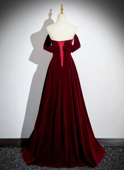 Burgundy Velvet A-Line Off-the-Shoulder Lace-up-back Floor-Length Dress Back View - Aabei Dress
