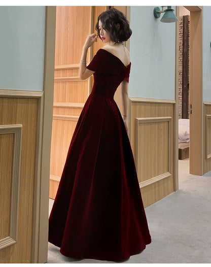 Burgundy Velvet A-Line Off-The-Shoulder Lace-Up Back Floor-Length Dress Back View - Aabei Dress