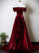 Burgundy Velvet A-Line Off-the-Shoulder Lace-Up Back Floor-Length Dress Front View - Aabei Dress