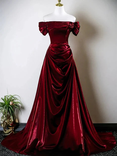 Burgundy Velvet A-Line Off-the-Shoulder Lace-Up Back Floor-Length Dress Front View - Aabei Dress