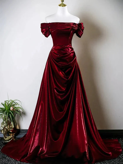 Burgundy Velvet A-Line Off-the-Shoulder Lace-Up Back Floor-Length Dress Front View - Aabei Dress