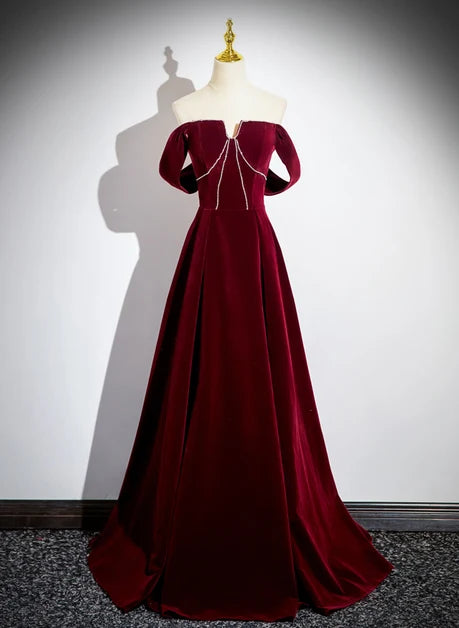 Burgundy Velvet A-Line Off-the-Shoulder Lace-up-back Floor-Length Dress Front View - Aabei Dress