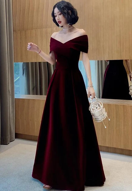 Burgundy Velvet A-Line Off-The-Shoulder Lace-Up Back Floor-Length Dress Front View - Aabei Dress