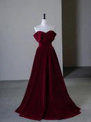 Burgundy Velvet A-Line Off-The-Shoulder Lace-Up Back Floor-Length Dress Front View - Aabei Dress