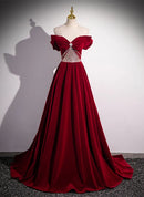 Burgundy Velvet A-Line Off-the-Shoulder Lace-Up Back Floor-Length Dress Front View - Aabei Dress